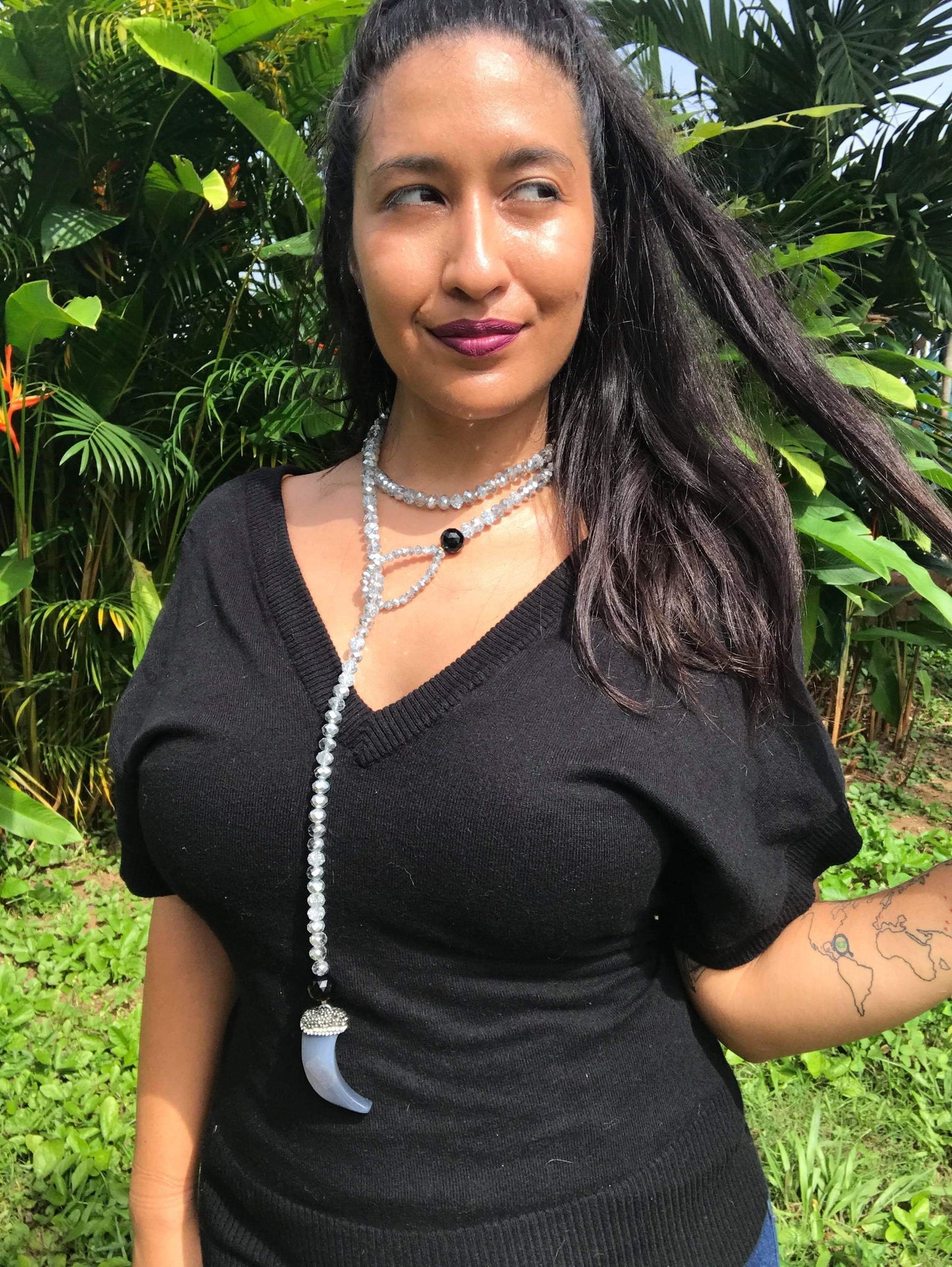 Silver crystal Agate Lariat necklace