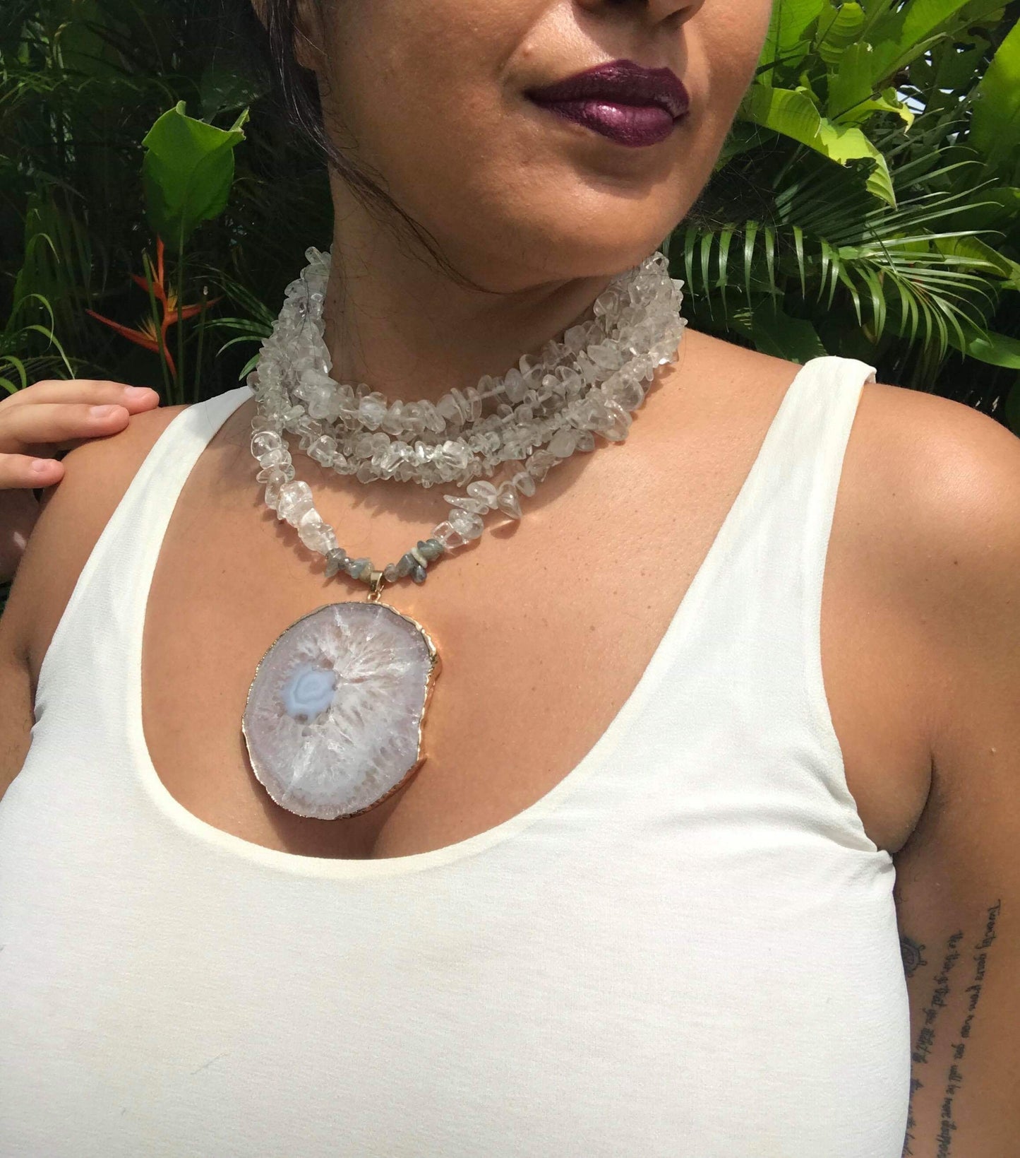 Large Crystal quartz focal piece 4 row necklace