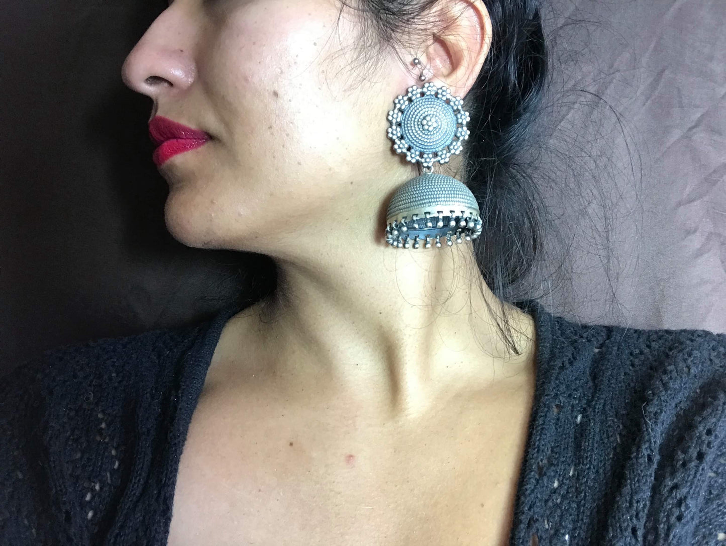 Antique Sterling Silver Jumka made in India earrings